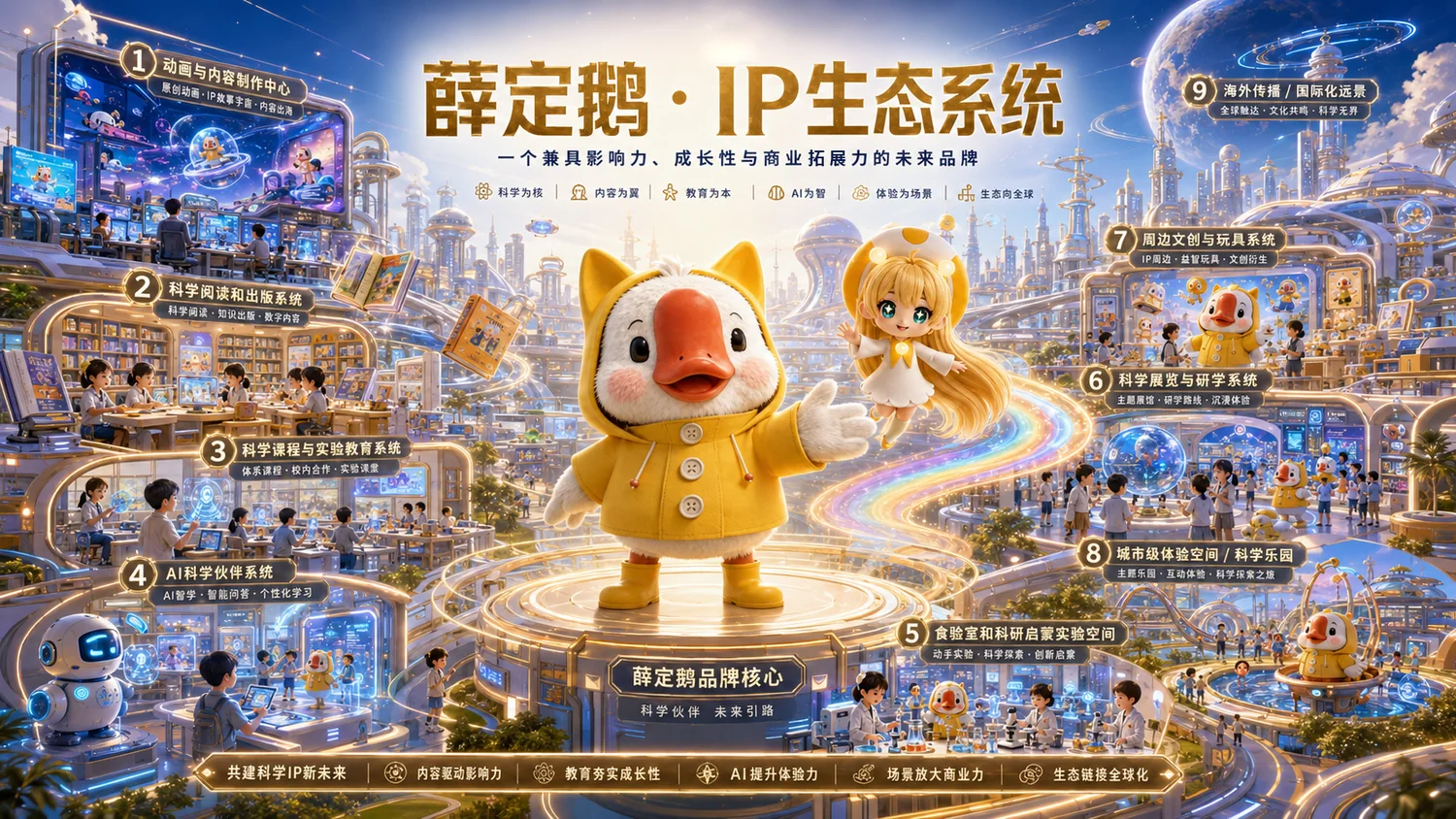 薛定鹅 · IP 生态系统全景：动画与内容制作中心、科学阅读与出版、科学课程与实验教育、AI 科学伙伴系统、食验室与科研启蒙、科学展览与研学、周边文创与玩具、城市级体验空间、海外传播