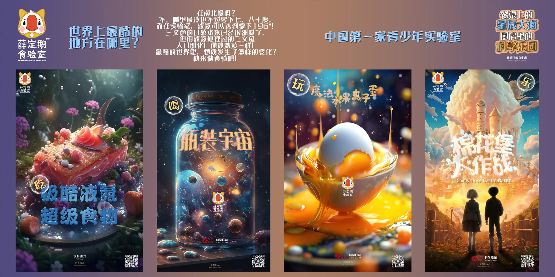 薛定鹅食验室科学海报 · 极酷液氮超级食物 / 瓶装宇宙 / 魔法水果离子蛋 / 棉花堡大作战